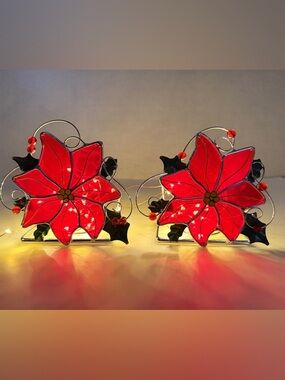 Vtg International Stained Glass Poinsettia Votive Tea Light Candle Holder Set 2